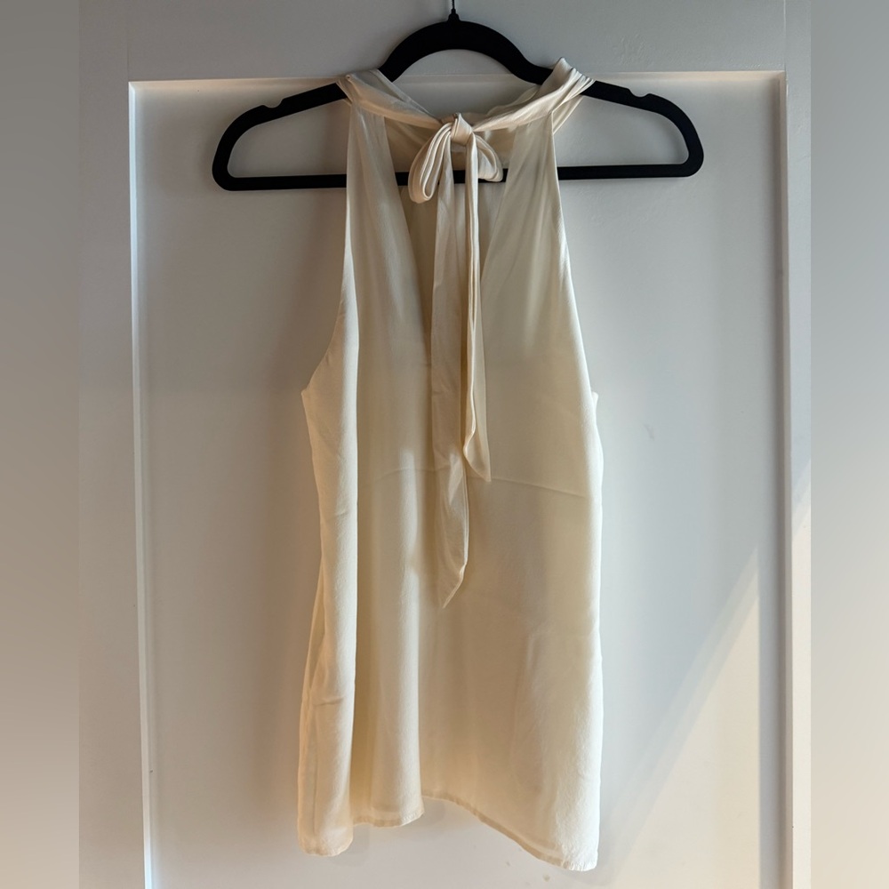 Lavender Brown ivory silk high neck blouse with tie in back. Size XS